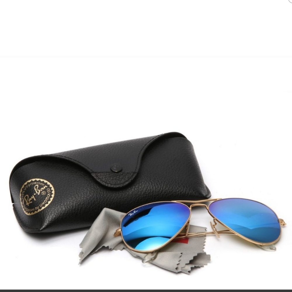 Ray-Ban Aviator Sunglasses Blue Flash Case Cloth Gold Authentic 58/14
